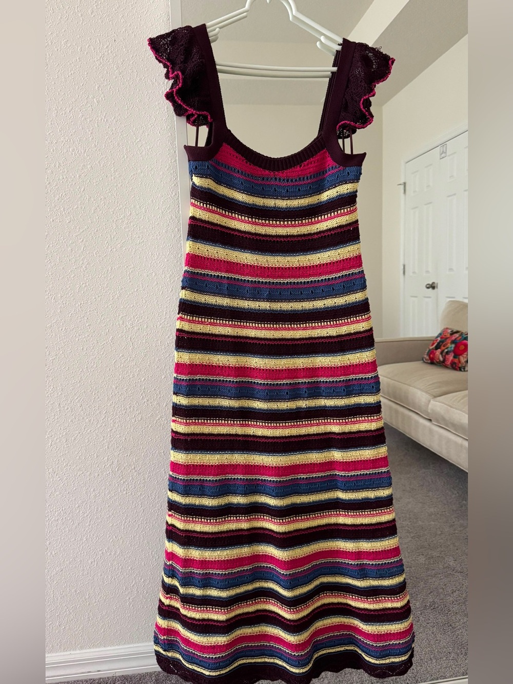Zara Striped Knit Maxi Dress in Burgundy, Pink, Blue, Yellow, Size M